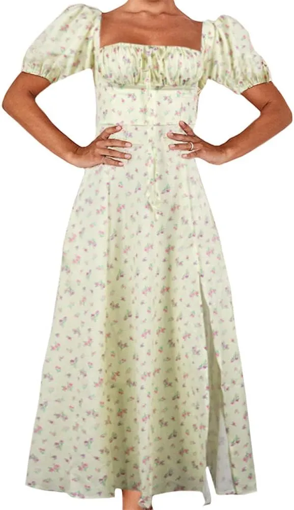 Milkmaid Corset Dress for Women Puff Sleeve Square Neck Floral Split Maxi Dress A Line Casual Boho Long Dresses