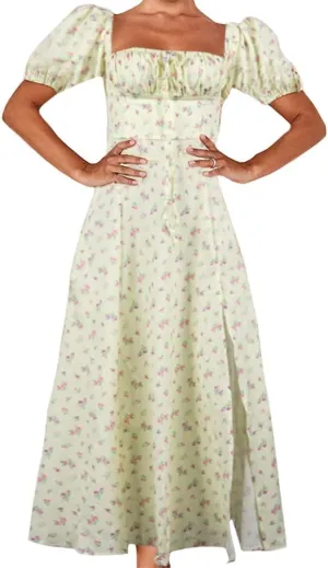 Milkmaid Corset Dress for Women Puff Sleeve Square Neck Floral Split Maxi Dress A Line Casual Boho Long Dresses