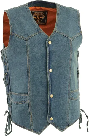 Milwaukee Leather Mens Classic Denim Snap Front Side Lace Vest DM1315