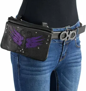 Milwaukee Leather MP8850 Ladies Leather 'Winged' Black and Purple Multi Pocket Belt Bag