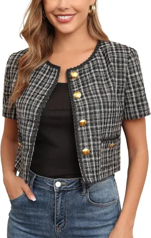 M.Infisavo 2025 Women's Cropped Tweed Blazer Short Sleeve Elegant Round Neck Open Front Cardigan Business Casual Jacket