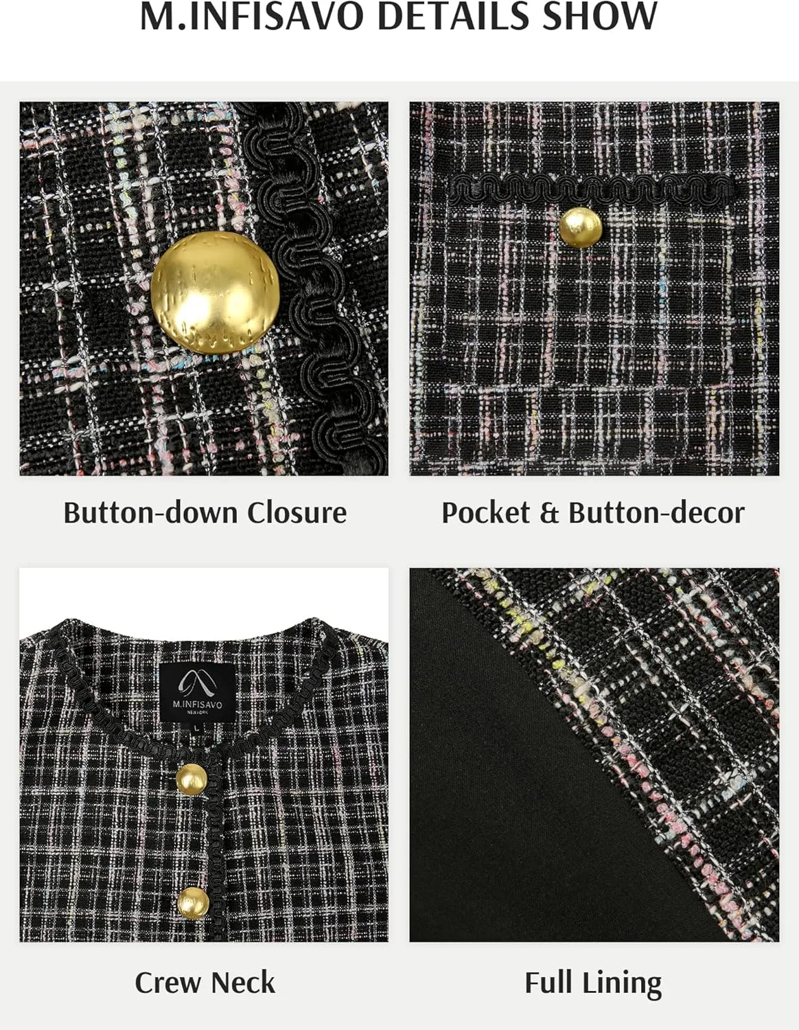 M.Infisavo 2025 Women's Cropped Tweed Blazer Short Sleeve Elegant Round Neck Open Front Cardigan Business Casual Jacket