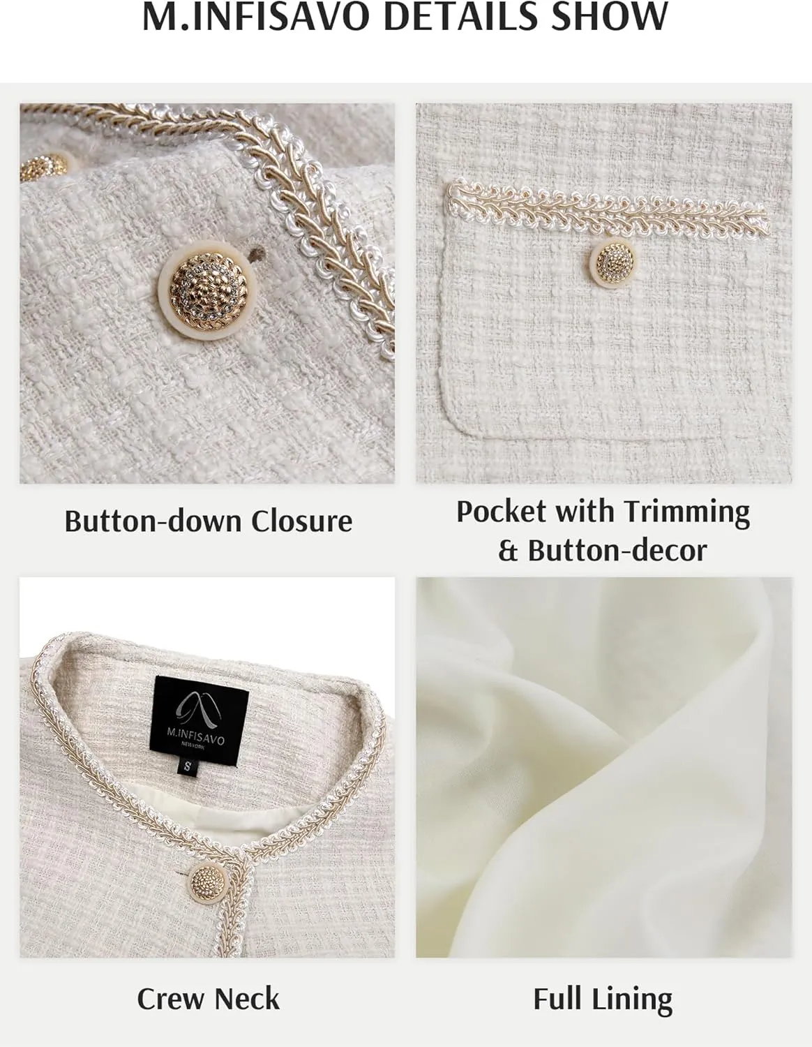 M.Infisavo 2025 Women's Cropped Tweed Blazer Short Sleeve Elegant Round Neck Open Front Cardigan Business Casual Jacket