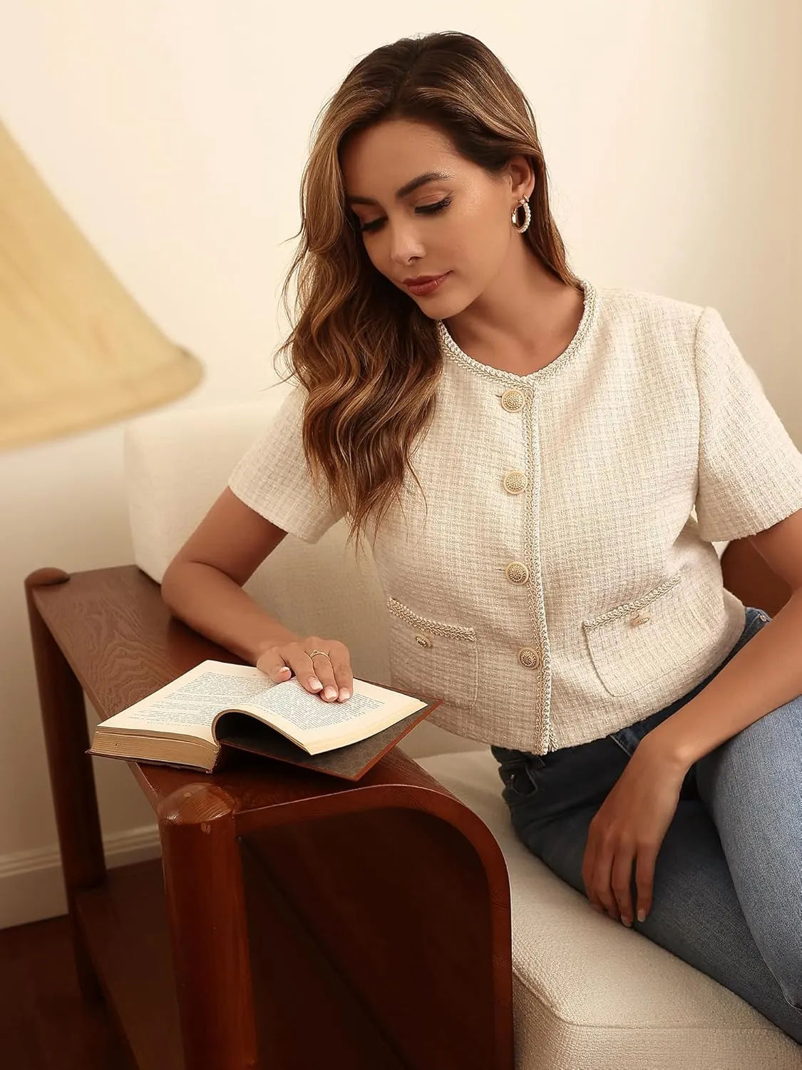 M.Infisavo 2025 Women's Cropped Tweed Blazer Short Sleeve Elegant Round Neck Open Front Cardigan Business Casual Jacket