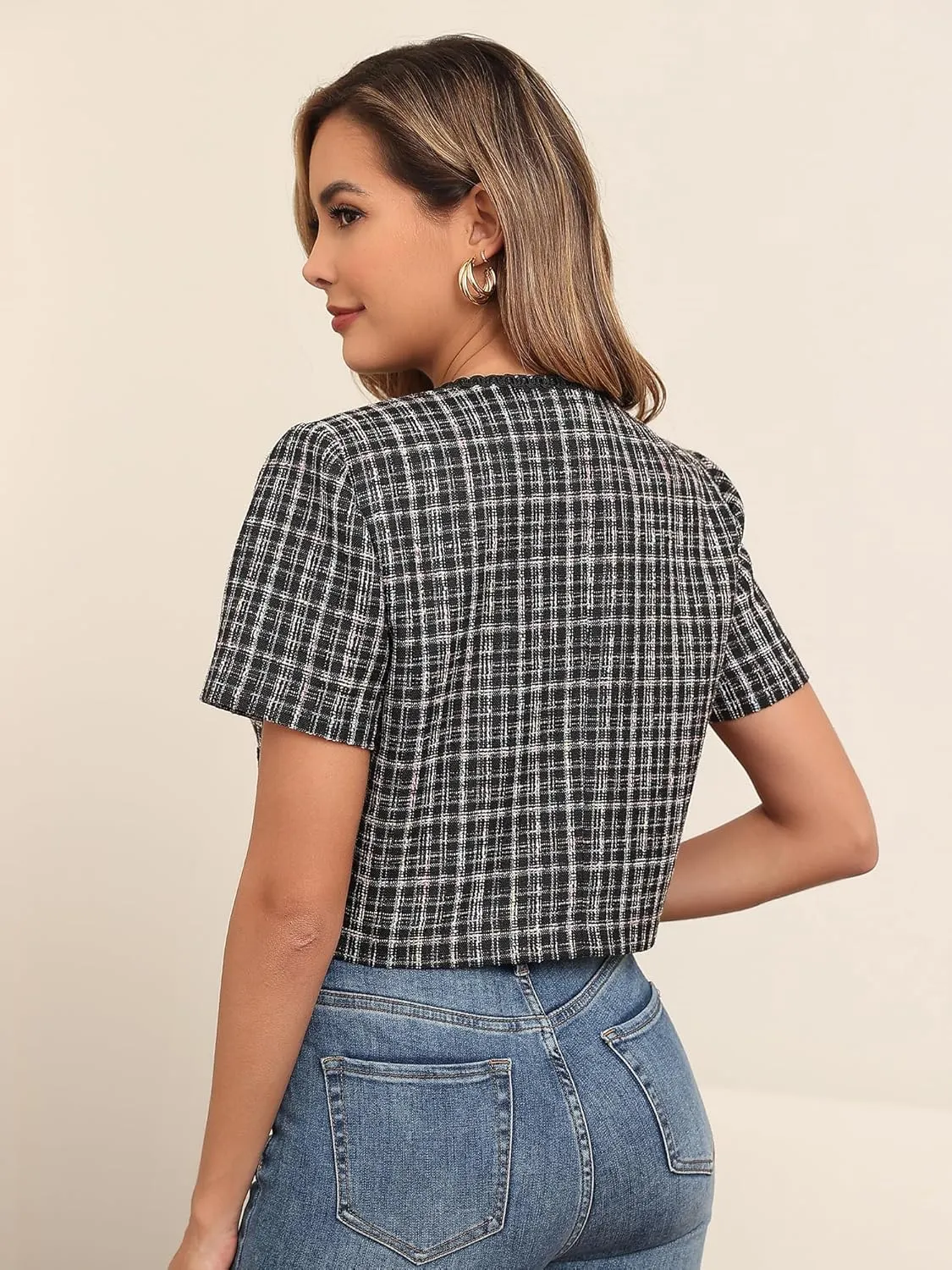 M.Infisavo 2025 Women's Cropped Tweed Blazer Short Sleeve Elegant Round Neck Open Front Cardigan Business Casual Jacket