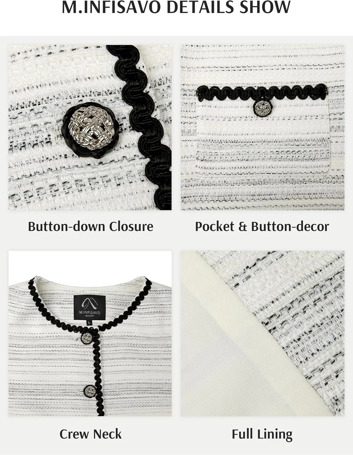 M.Infisavo 2025 Women's Cropped Tweed Blazer Short Sleeve Elegant Round Neck Open Front Cardigan Business Casual Jacket