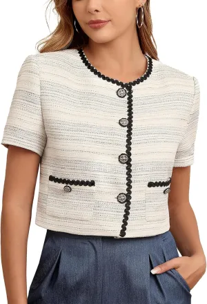 M.Infisavo 2025 Women's Cropped Tweed Blazer Short Sleeve Elegant Round Neck Open Front Cardigan Business Casual Jacket