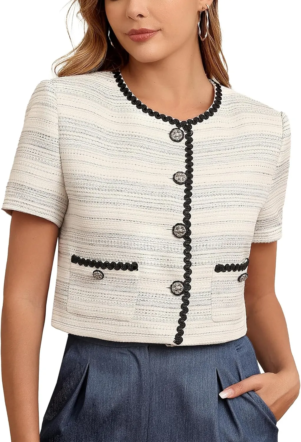 M.Infisavo 2025 Women's Cropped Tweed Blazer Short Sleeve Elegant Round Neck Open Front Cardigan Business Casual Jacket