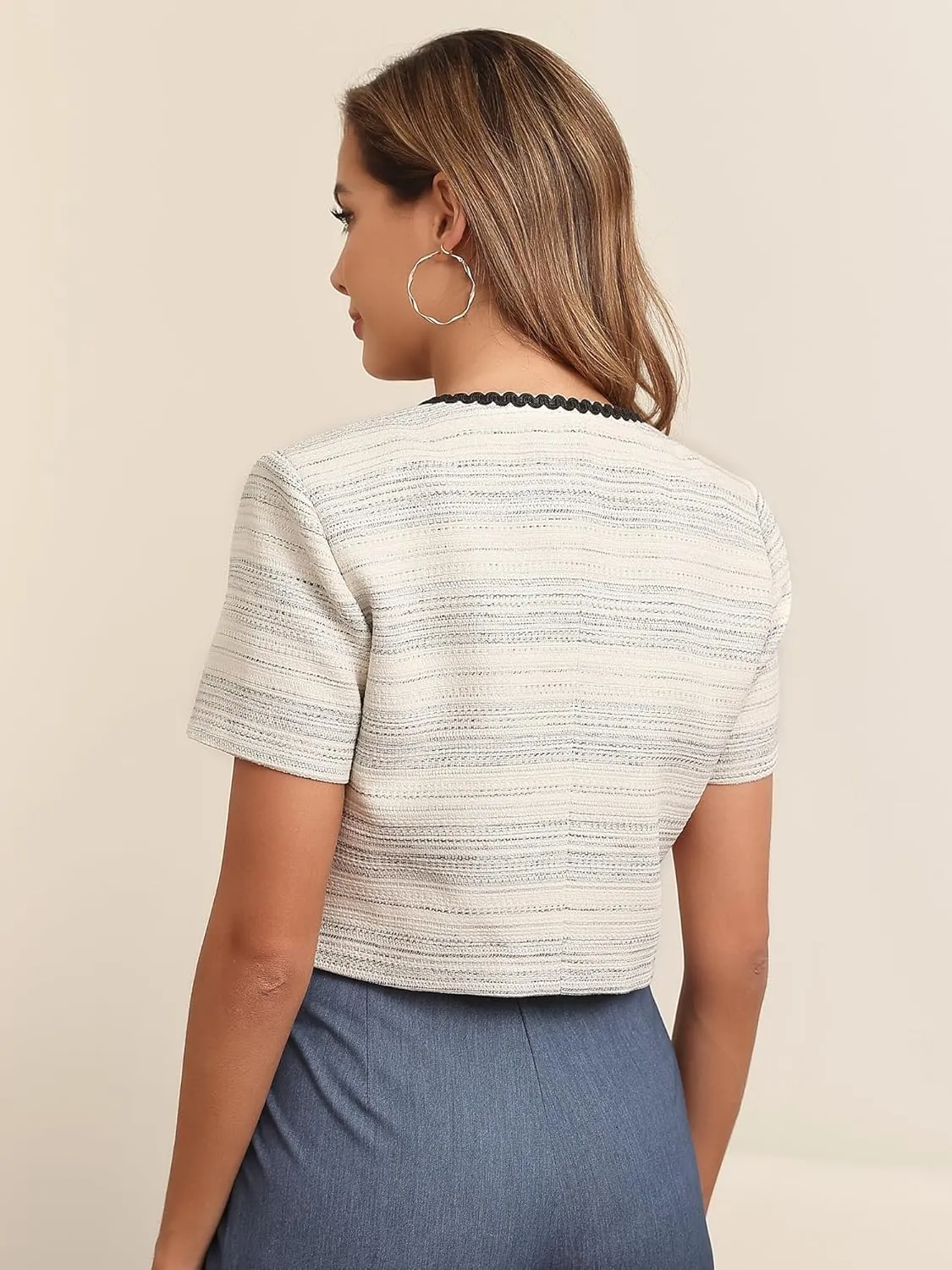 M.Infisavo 2025 Women's Cropped Tweed Blazer Short Sleeve Elegant Round Neck Open Front Cardigan Business Casual Jacket
