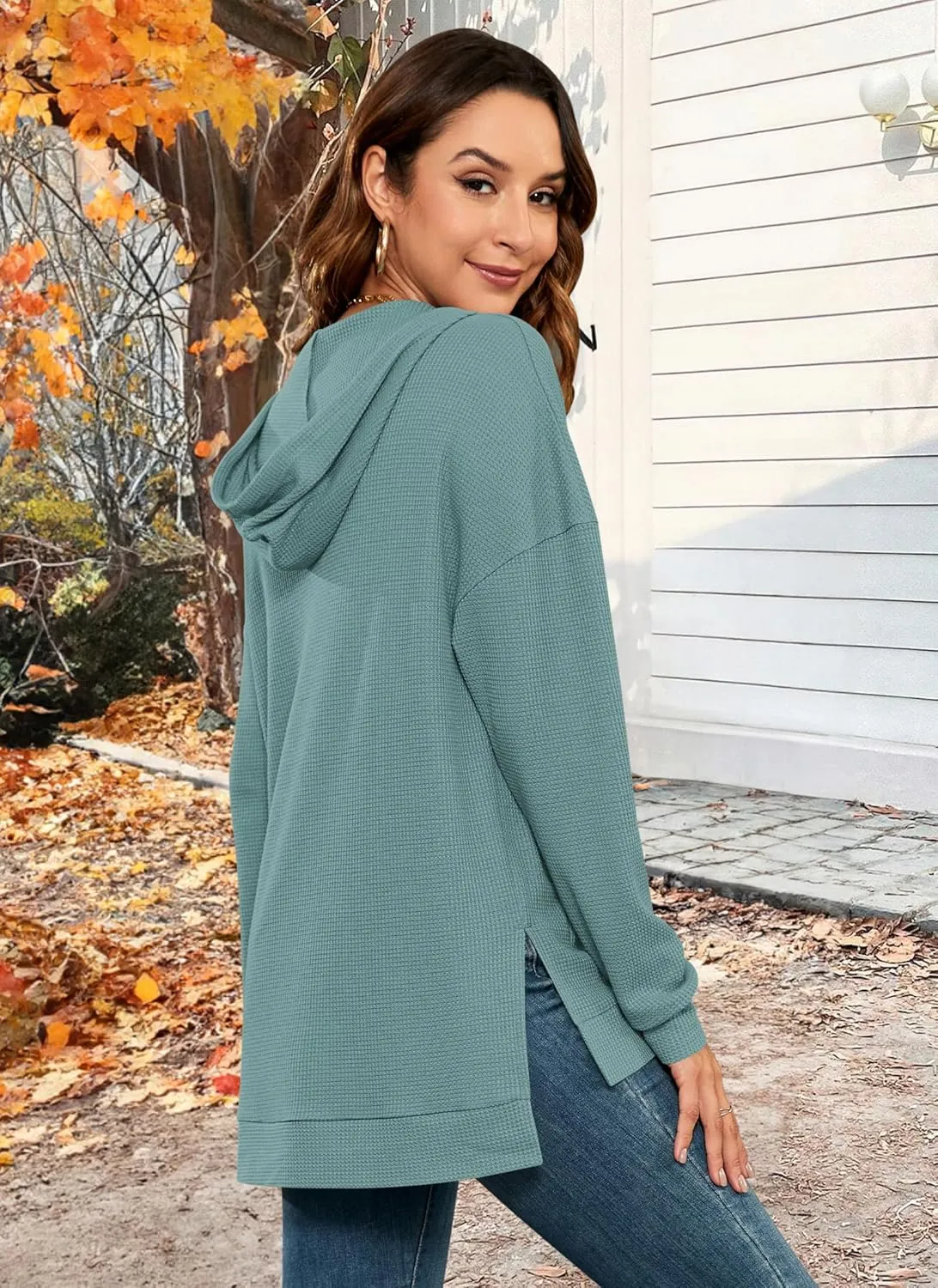 MOLERANI Hoodies for Women 2024 Casual Long Sleeve Waffle Knit Drawstring Side Split Pullover Sweatshirts with Pocket