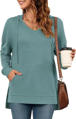 MOLERANI Hoodies for Women 2024 Casual Long Sleeve Waffle Knit Drawstring Side Split Pullover Sweatshirts with Pocket