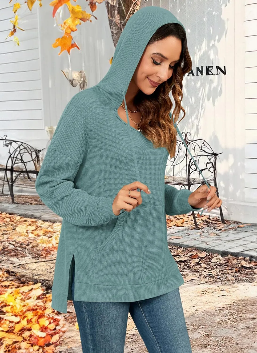 MOLERANI Hoodies for Women 2024 Casual Long Sleeve Waffle Knit Drawstring Side Split Pullover Sweatshirts with Pocket