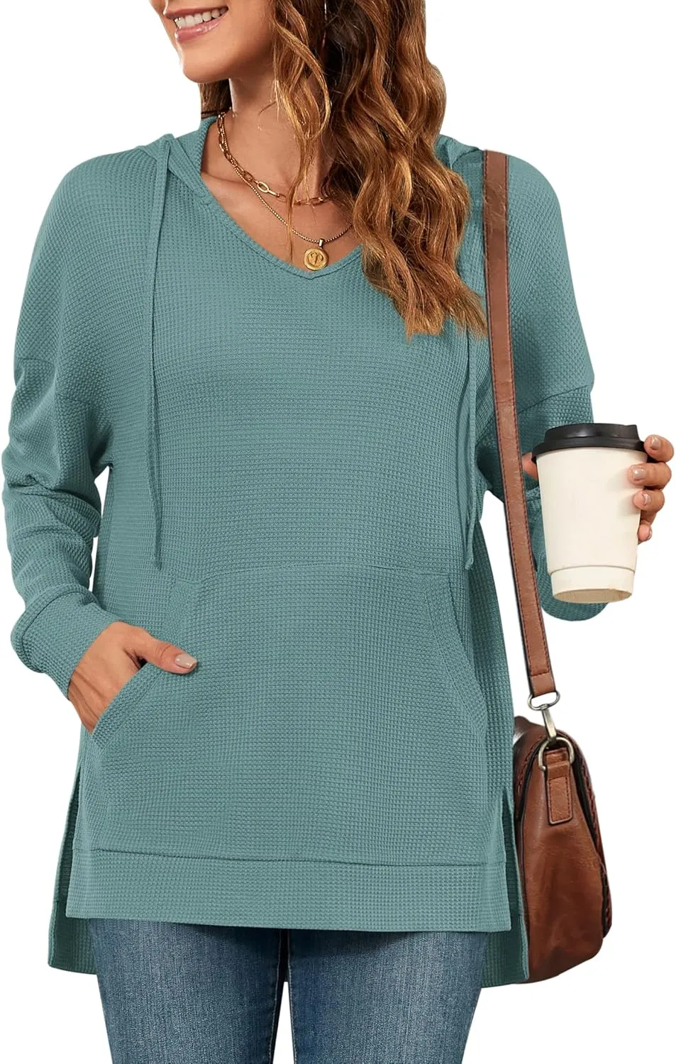 MOLERANI Hoodies for Women 2024 Casual Long Sleeve Waffle Knit Drawstring Side Split Pullover Sweatshirts with Pocket
