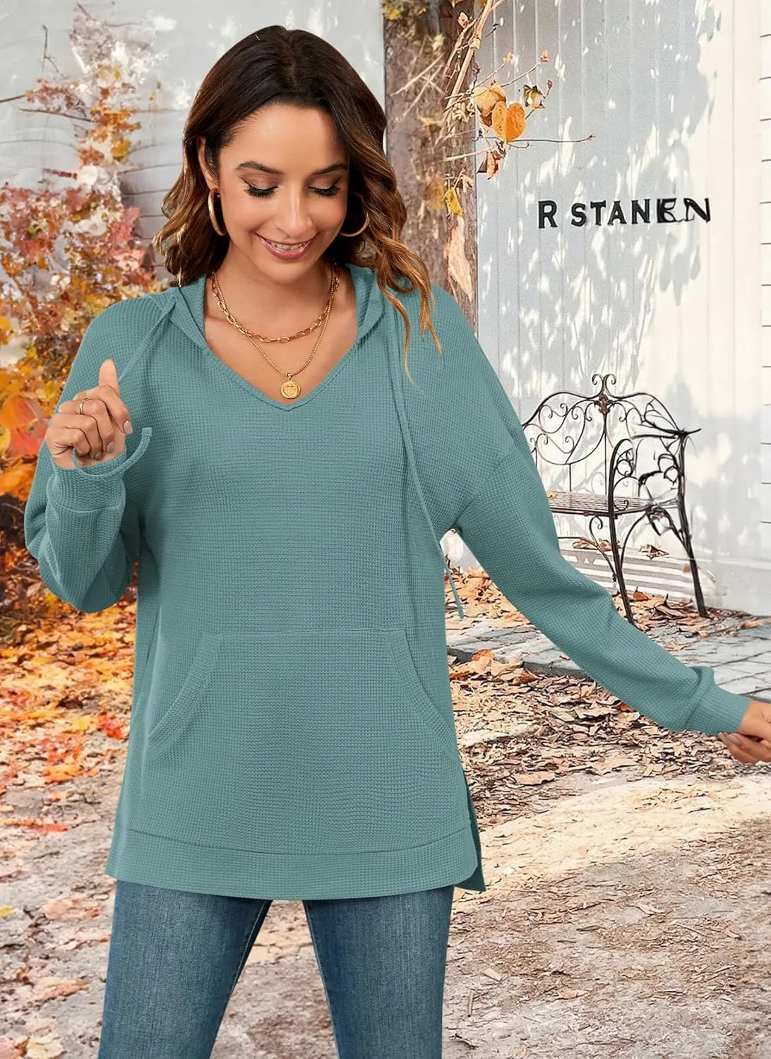 MOLERANI Hoodies for Women 2024 Casual Long Sleeve Waffle Knit Drawstring Side Split Pullover Sweatshirts with Pocket