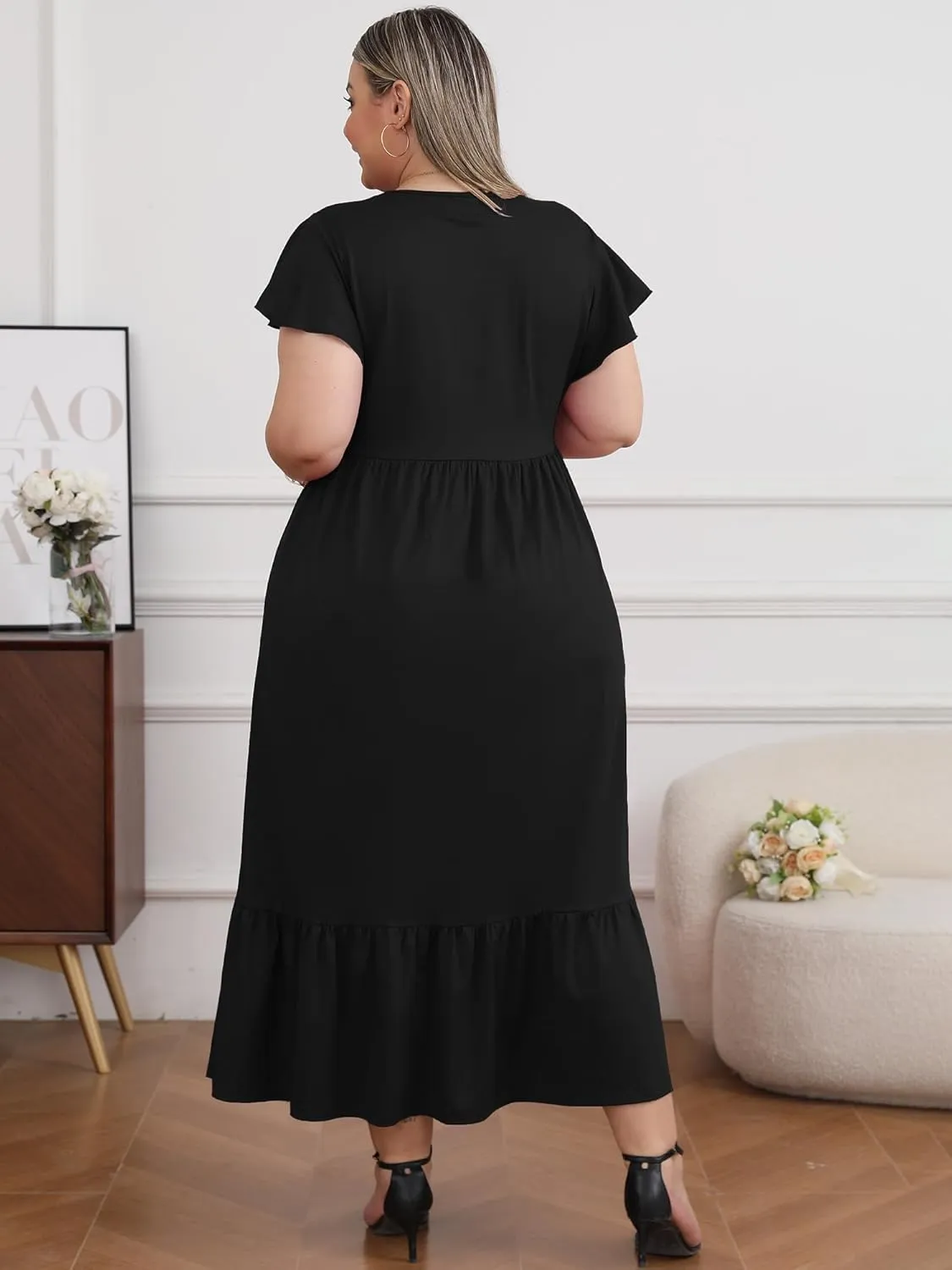 Moon Wood Women's 2025 Plus Size Casual Dress Crew Neck Ruffle Short Sleeve Summer Maxi Dresses with Pockets