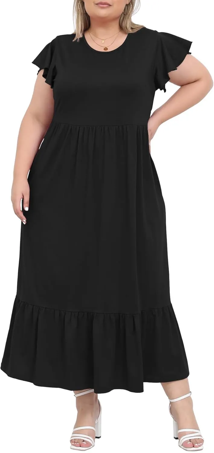 Moon Wood Women's 2025 Plus Size Casual Dress Crew Neck Ruffle Short Sleeve Summer Maxi Dresses with Pockets