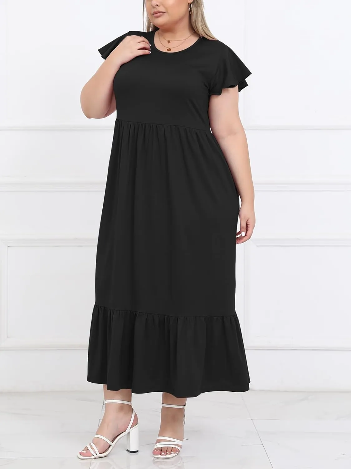 Moon Wood Women's 2025 Plus Size Casual Dress Crew Neck Ruffle Short Sleeve Summer Maxi Dresses with Pockets