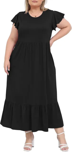 Moon Wood Women's 2025 Plus Size Casual Dress Crew Neck Ruffle Short Sleeve Summer Maxi Dresses with Pockets