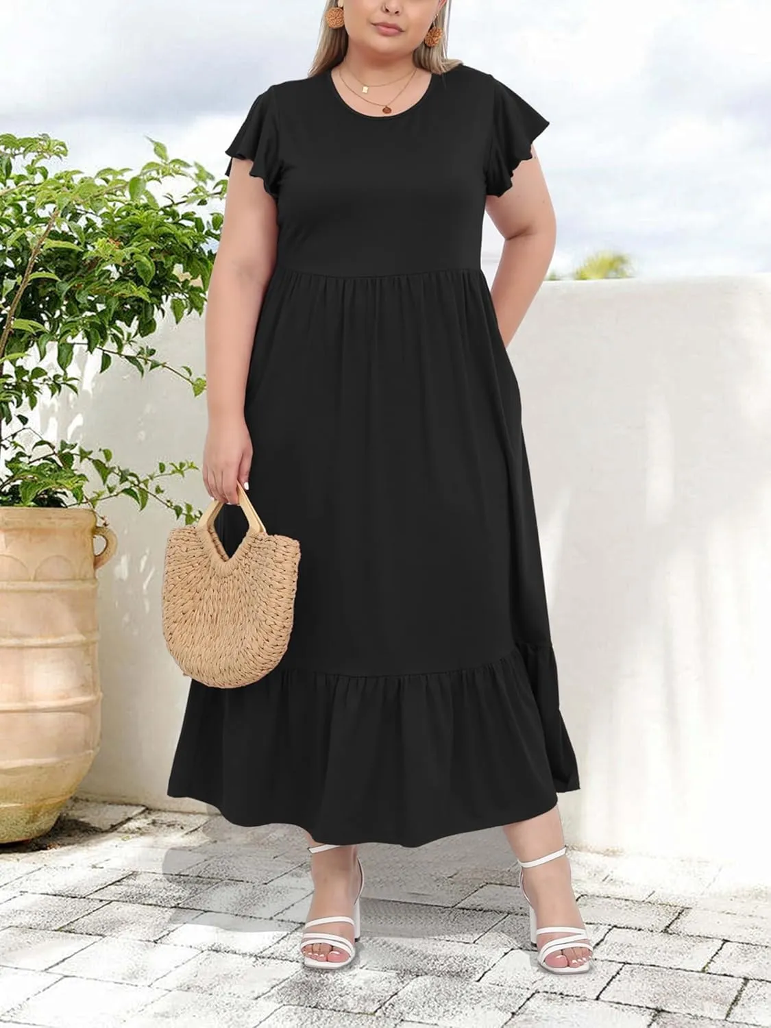 Moon Wood Women's 2025 Plus Size Casual Dress Crew Neck Ruffle Short Sleeve Summer Maxi Dresses with Pockets