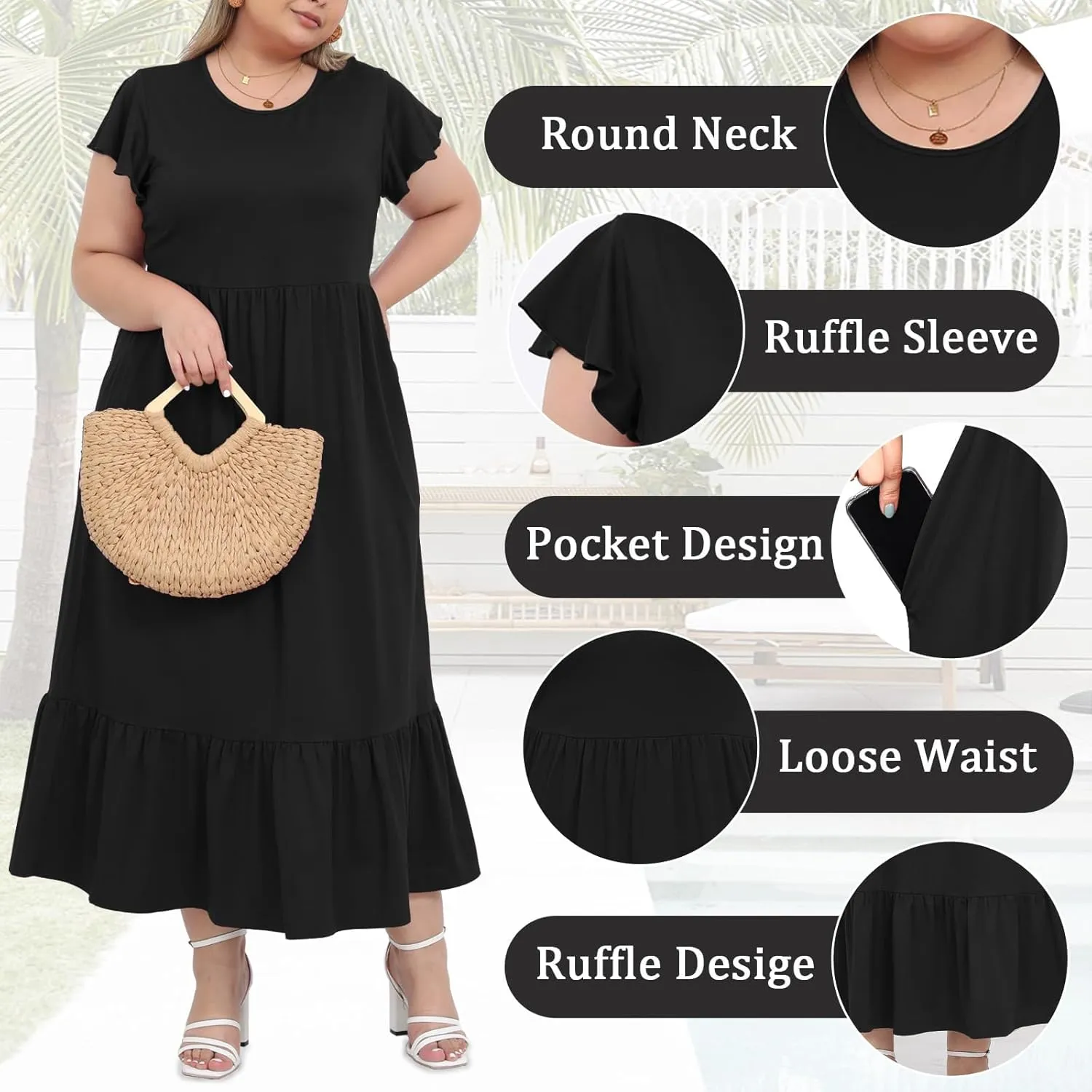 Moon Wood Women's 2025 Plus Size Casual Dress Crew Neck Ruffle Short Sleeve Summer Maxi Dresses with Pockets