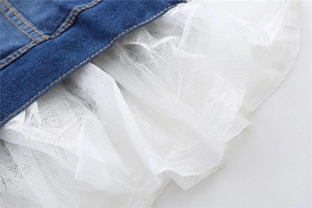 Mud Kingdom Toddler Little Girls Denim Jacket with Tulle Turn-down Collar Fashion Spring Autumn
