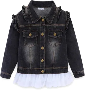 Mud Kingdom Toddler Little Girls Denim Jacket with Tulle Turn-down Collar Fashion Spring Autumn