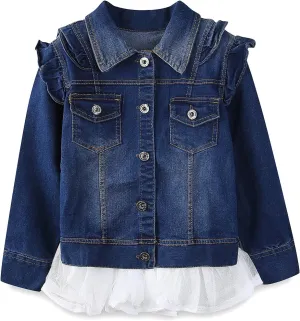 Mud Kingdom Toddler Little Girls Denim Jacket with Tulle Turn-down Collar Fashion Spring Autumn