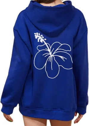 Muineobuka Women Y2k Preppy Sweatshirts Long Sleeve Back Floral Embroidery Print Oversized Hooded Sweatshirts
