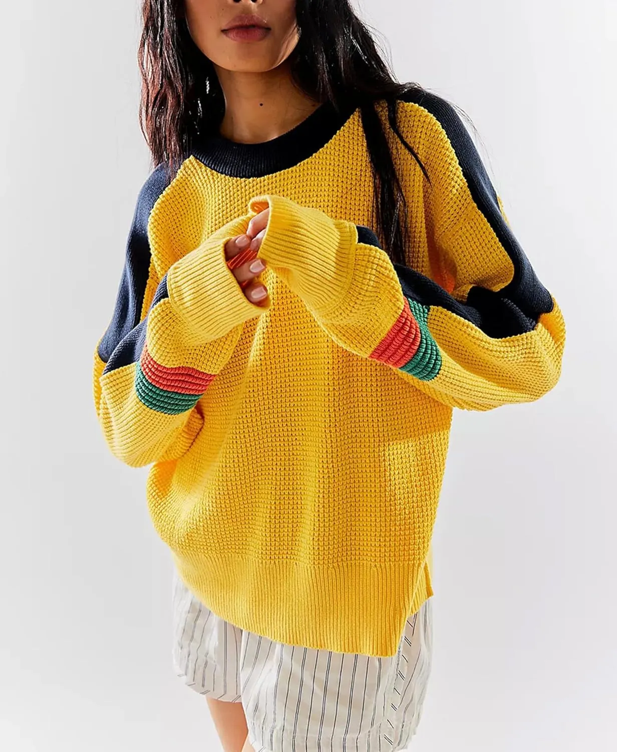 Mxiqqpltky Crew Neck Sweatshirts for Women Fall Long Sleeve Color Block Oversized Pullover Sweatshirts Y2k Tops Streetwear