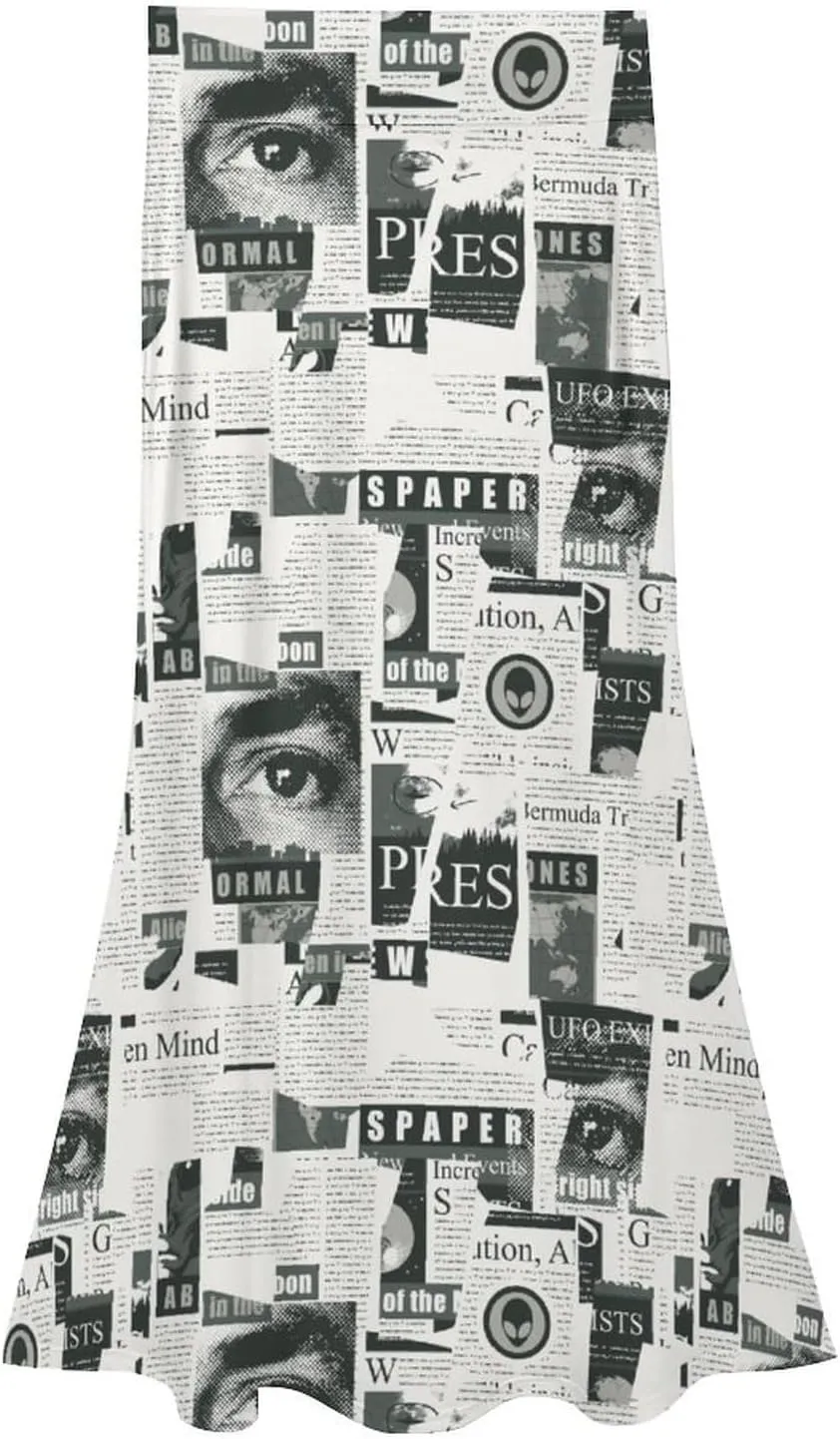Newspaper Clippings Women's Fashion Printed High Waist Flared Long Skirt