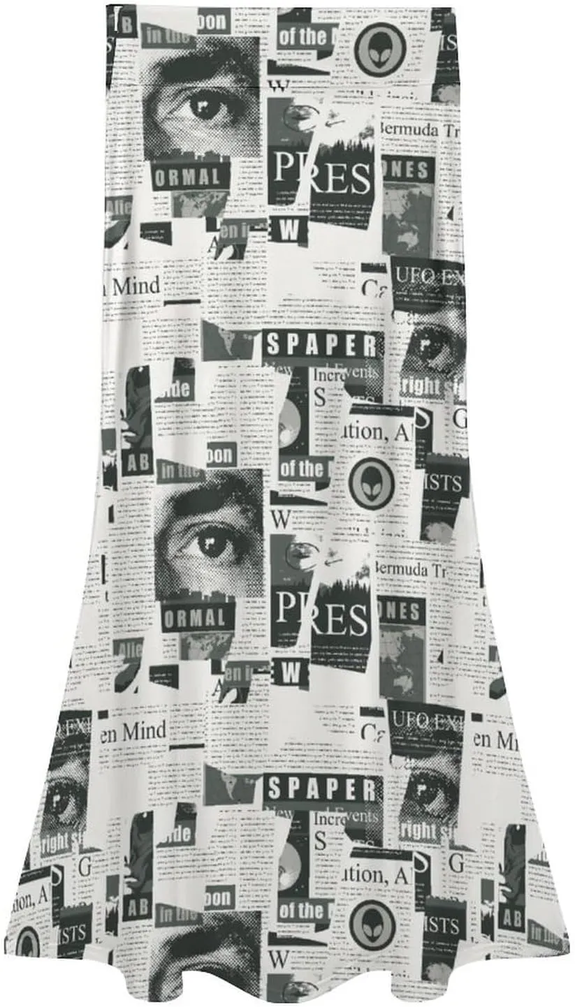 Newspaper Clippings Women's Fashion Printed High Waist Flared Long Skirt