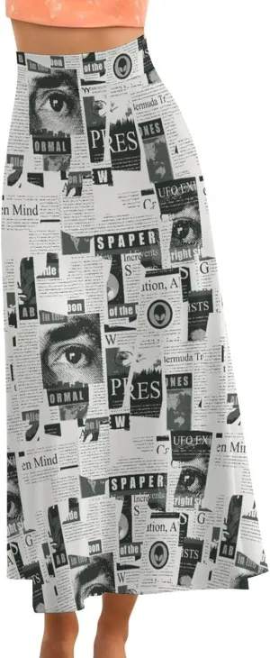 Newspaper Clippings Women's Fashion Printed High Waist Flared Long Skirt