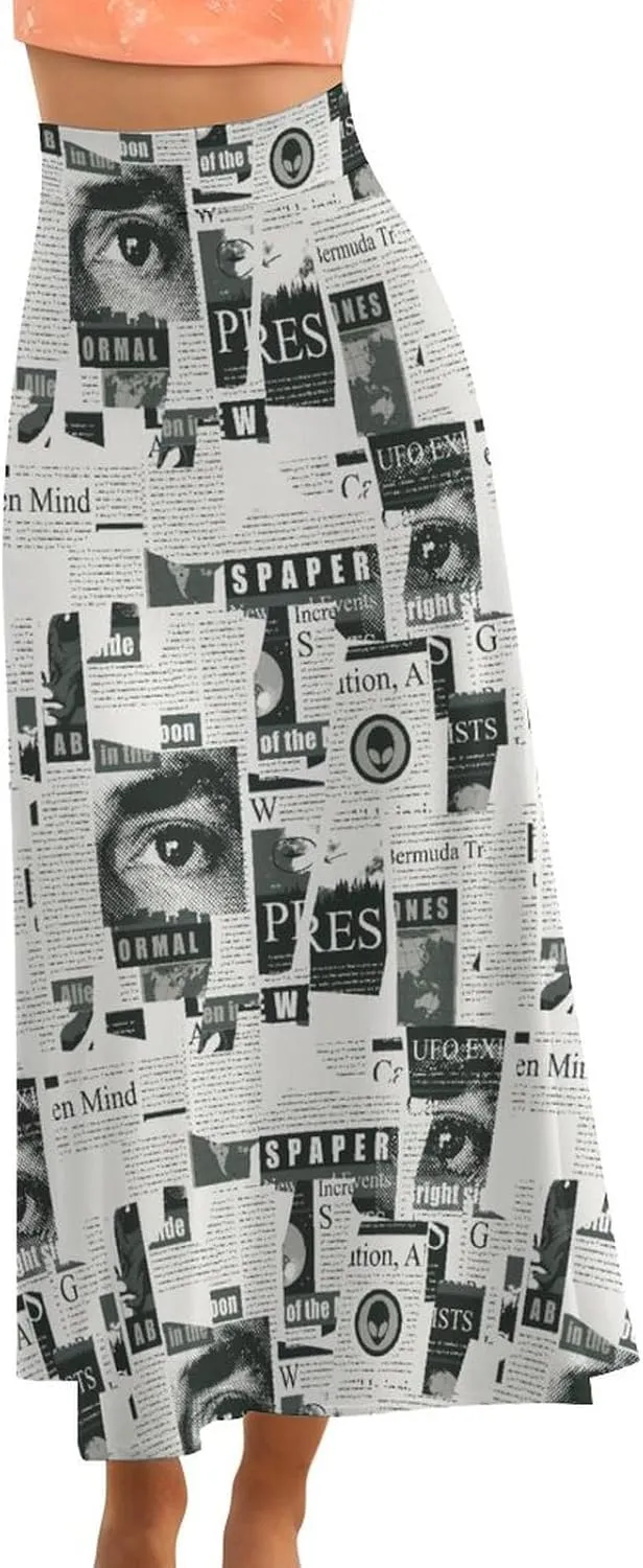 Newspaper Clippings Women's Fashion Printed High Waist Flared Long Skirt