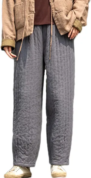 NFYM Women Winter Thick Pants Warm Quilted Cotton Linen Elastic Waist Wide Leg Capris Trousers