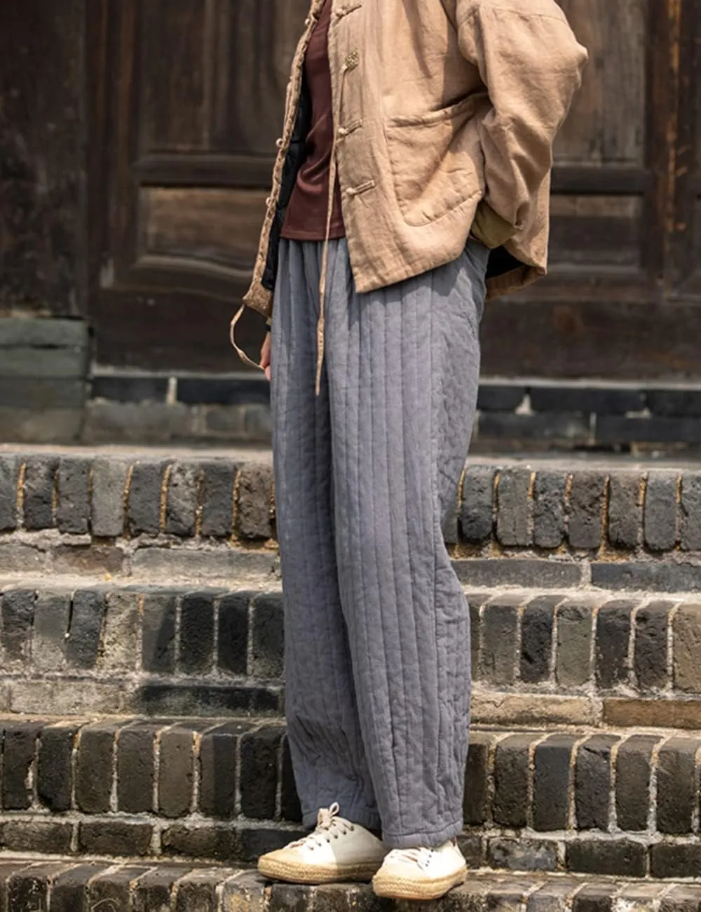 NFYM Women Winter Thick Pants Warm Quilted Cotton Linen Elastic Waist Wide Leg Capris Trousers