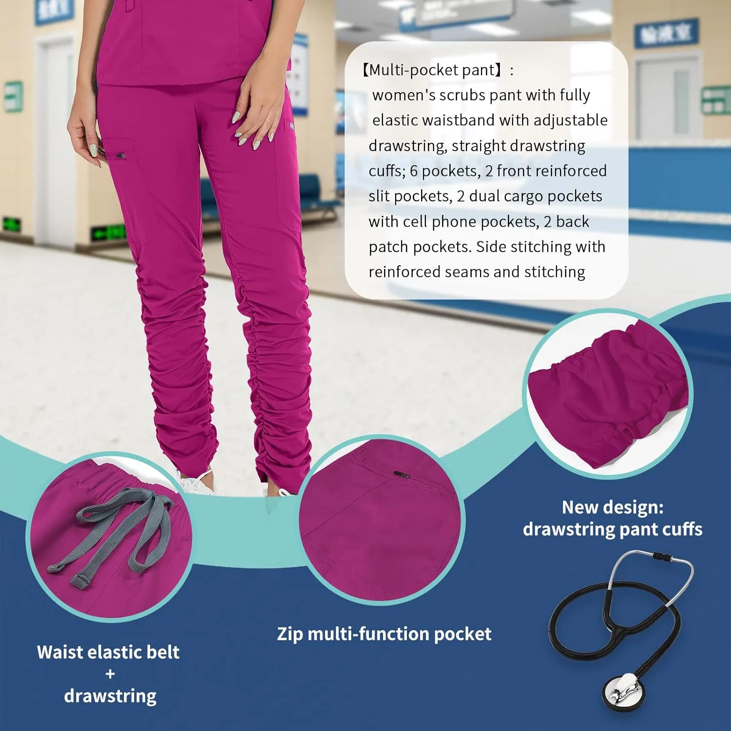niaahinn Scrub Set Classic V-Neck Top & Jogger Pant Multi-Pocket Medical Uniform for Women