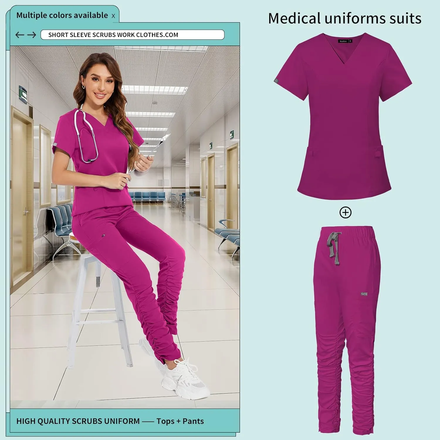 niaahinn Scrub Set Classic V-Neck Top & Jogger Pant Multi-Pocket Medical Uniform for Women
