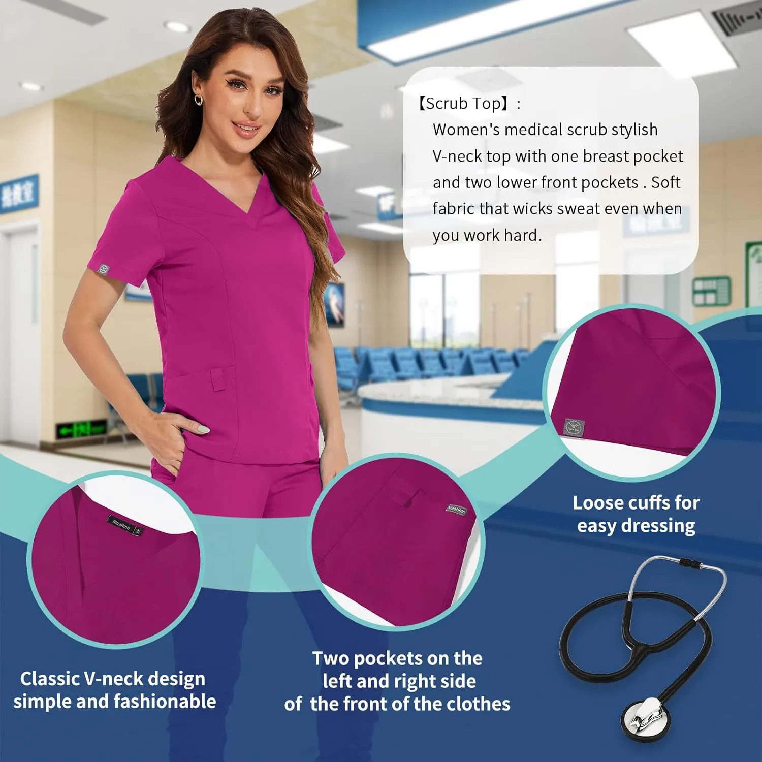 niaahinn Scrub Set Classic V-Neck Top & Jogger Pant Multi-Pocket Medical Uniform for Women