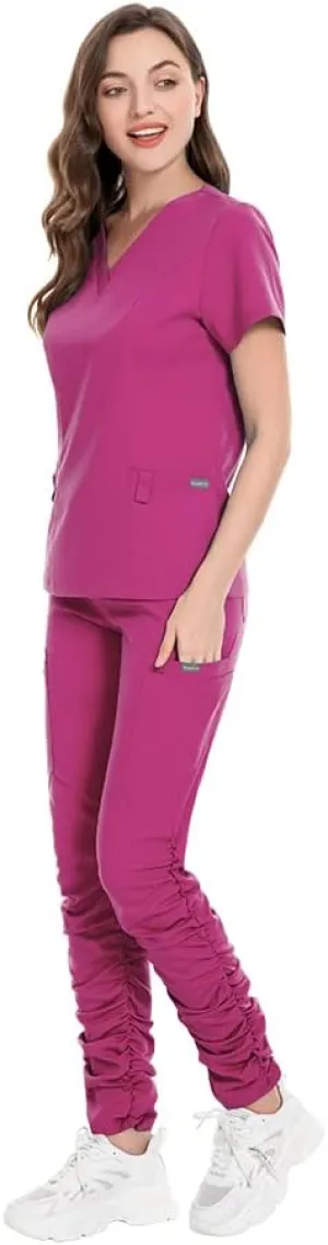 niaahinn Scrub Set Classic V-Neck Top & Jogger Pant Multi-Pocket Medical Uniform for Women