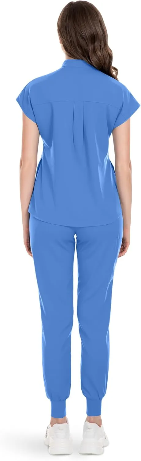 niaahinn Scrubs Set for Women Nurse Uniform Jogger Suit Stretch Top & Pants with Multi Pocket for Nurse Esthetician Workwear