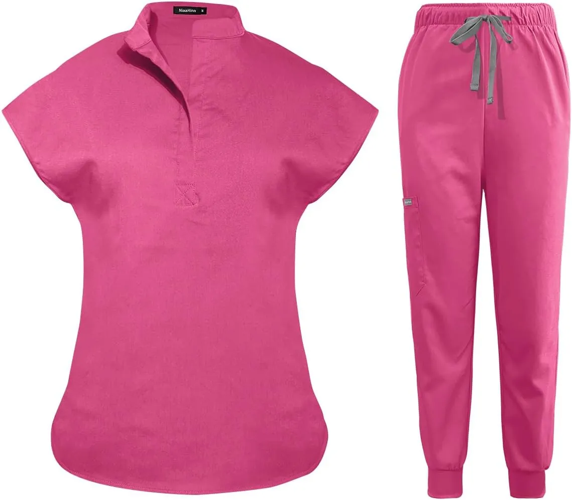 niaahinn Scrubs Set for Women Nurse Uniform Jogger Suit Stretch Top & Pants with Multi Pocket for Nurse Esthetician Workwear