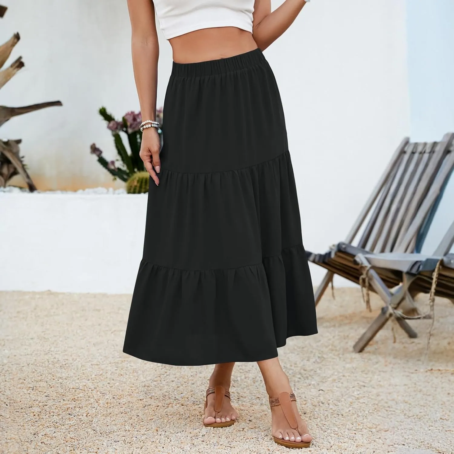 NILOUFO Women Summer Casual Maxi Skirt Fashion High Waist Elastic Tiered Pleated Beach Skirts with Pockets