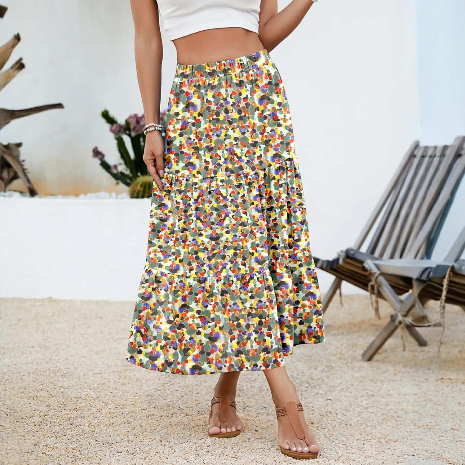 NILOUFO Women Summer Casual Maxi Skirt Fashion High Waist Elastic Tiered Pleated Beach Skirts with Pockets