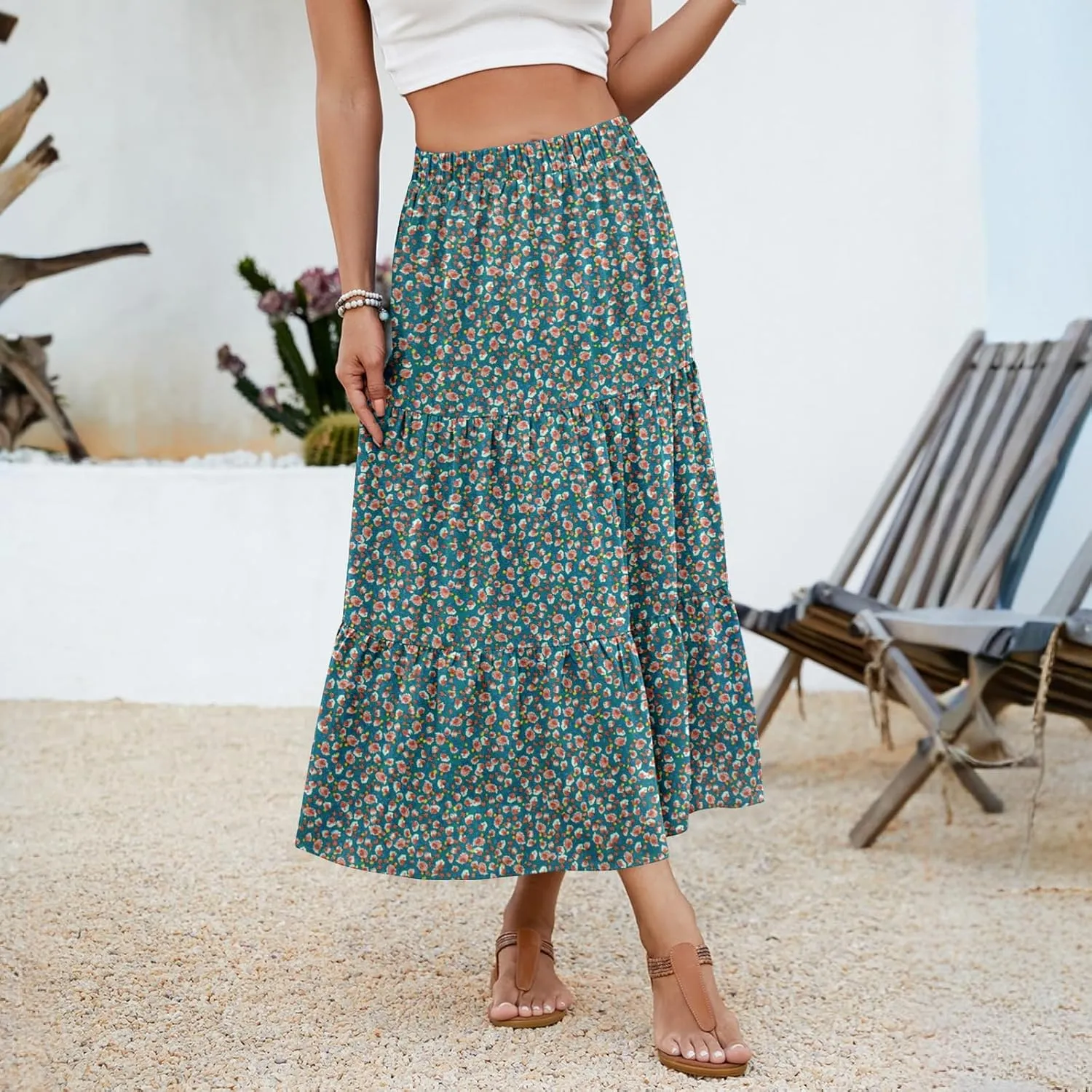NILOUFO Women Summer Casual Maxi Skirt Fashion High Waist Elastic Tiered Pleated Beach Skirts with Pockets