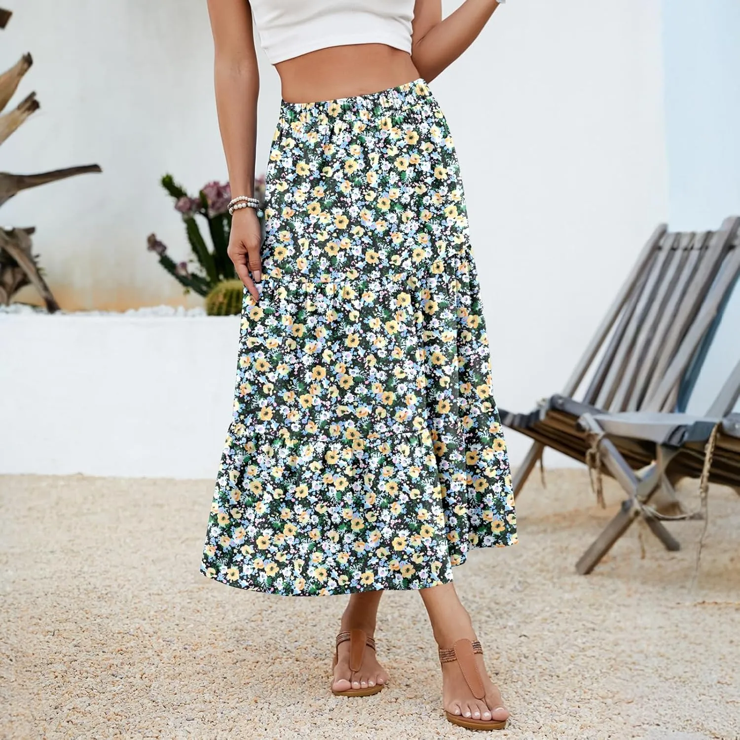 NILOUFO Women Summer Casual Maxi Skirt Fashion High Waist Elastic Tiered Pleated Beach Skirts with Pockets