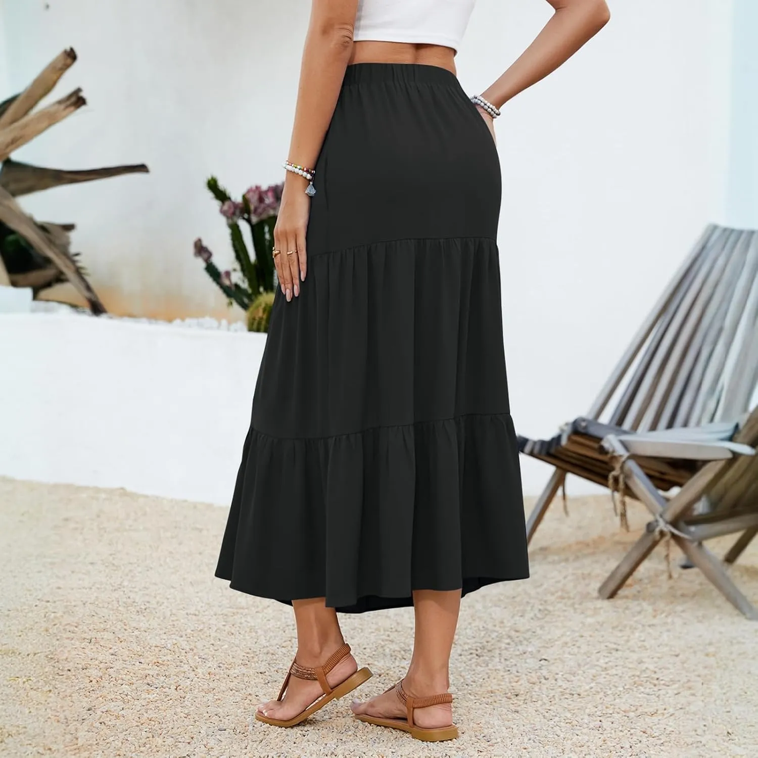 NILOUFO Women Summer Casual Maxi Skirt Fashion High Waist Elastic Tiered Pleated Beach Skirts with Pockets