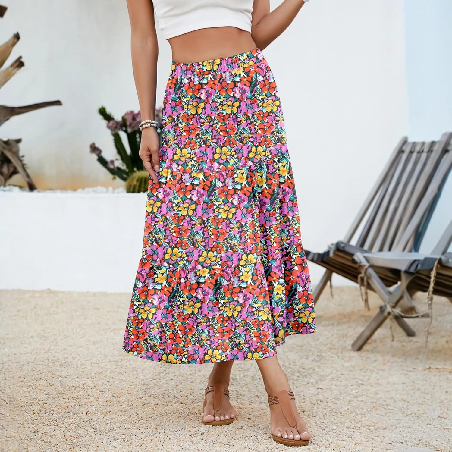 NILOUFO Women Summer Casual Maxi Skirt Fashion High Waist Elastic Tiered Pleated Beach Skirts with Pockets