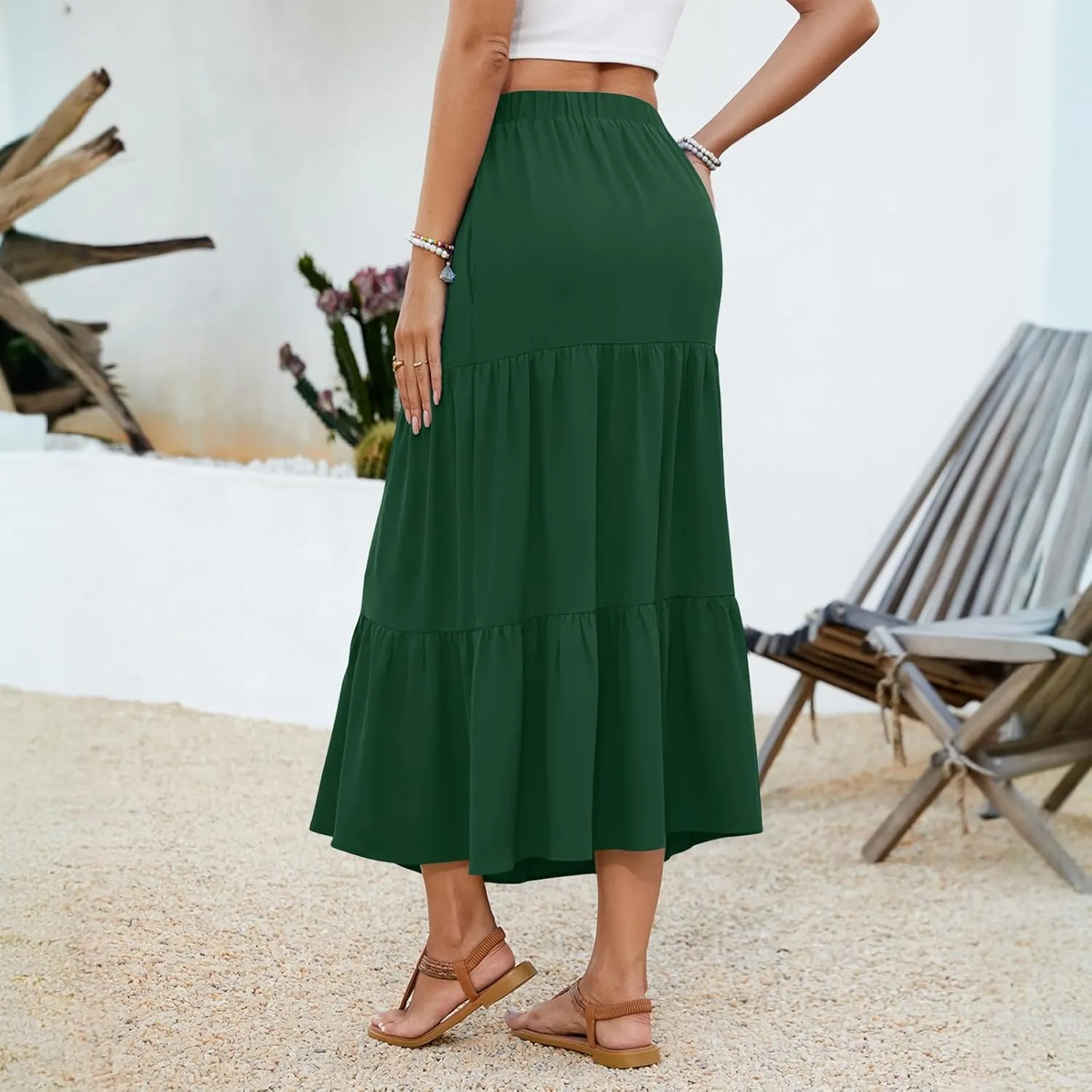 NILOUFO Women Summer Casual Maxi Skirt Fashion High Waist Elastic Tiered Pleated Beach Skirts with Pockets