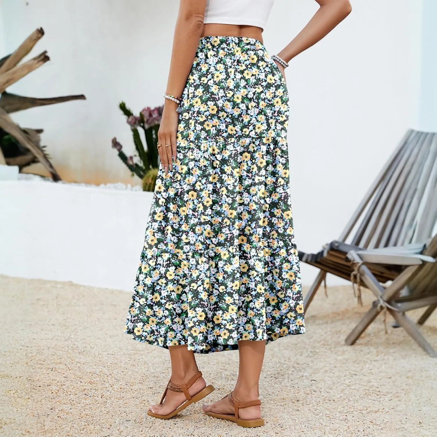 NILOUFO Women Summer Casual Maxi Skirt Fashion High Waist Elastic Tiered Pleated Beach Skirts with Pockets