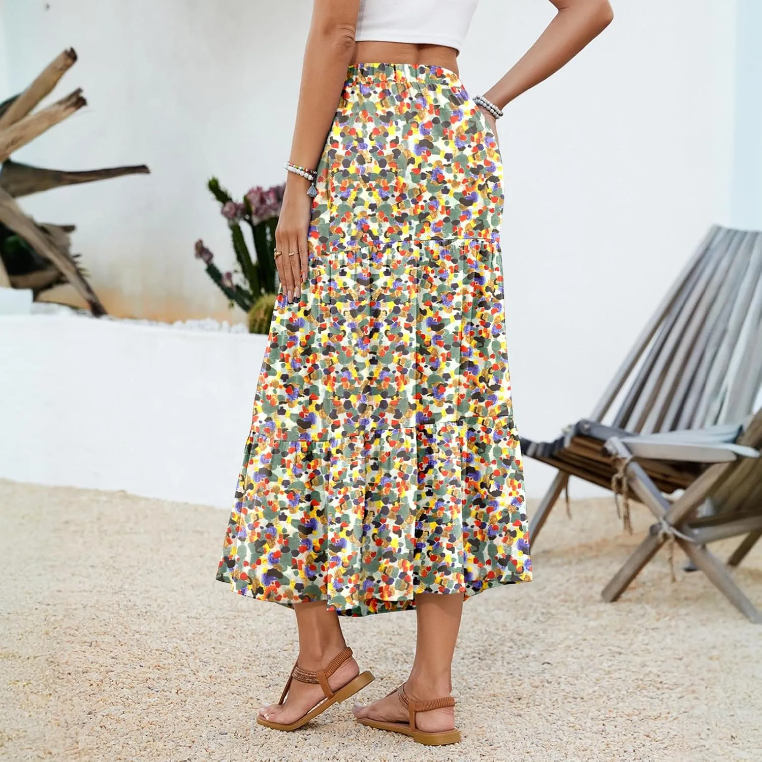 NILOUFO Women Summer Casual Maxi Skirt Fashion High Waist Elastic Tiered Pleated Beach Skirts with Pockets